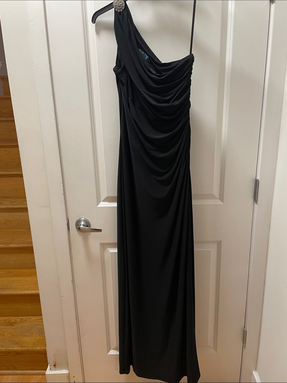 Lauren Ralph Lauren One-Shoulder Black Evening Gown with Jewel Accent